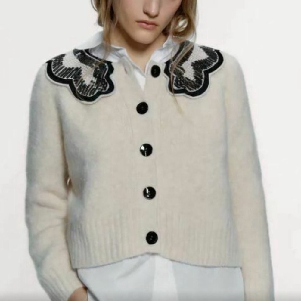 zara sequin collar sweater with buttons